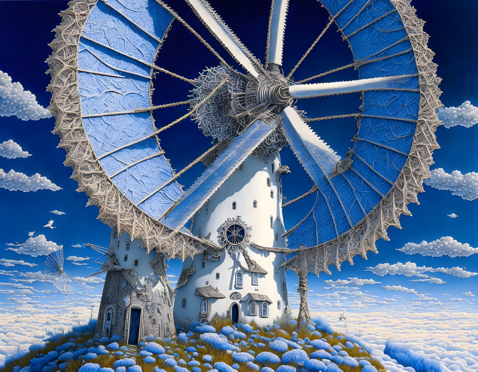 Surreal digital artwork: gear-like windmill on castle in clouds