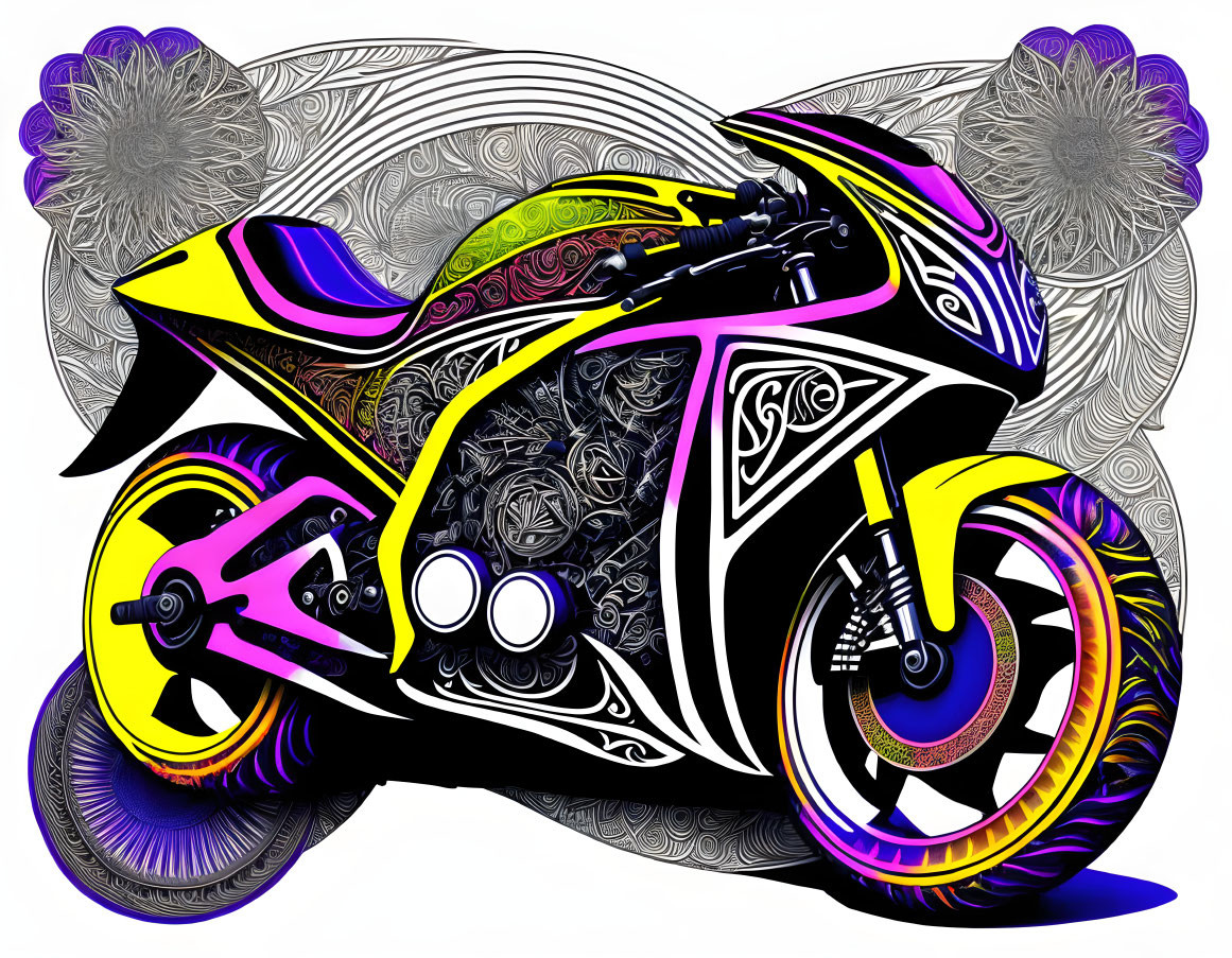 Colorful Motorcycle Illustration with Floral Motifs in Purple, Yellow, and Black