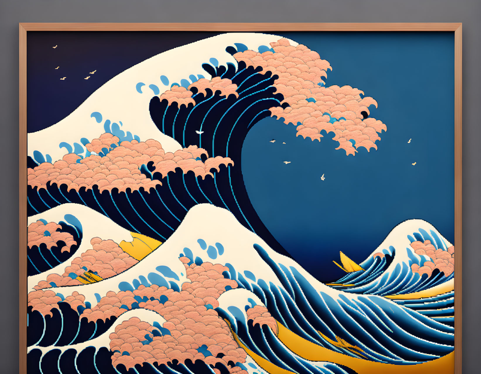 Large Wave with Foam Crests and Birds in Traditional Japanese Woodblock Print Style, Framed