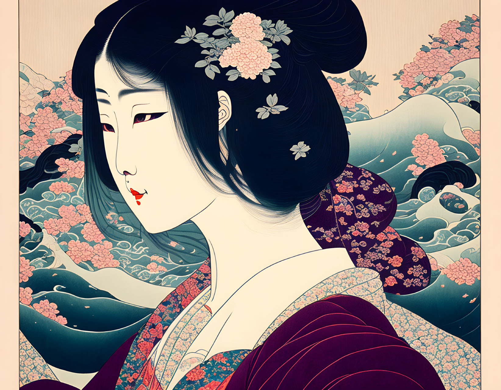 Stylized illustration of woman in traditional Japanese attire