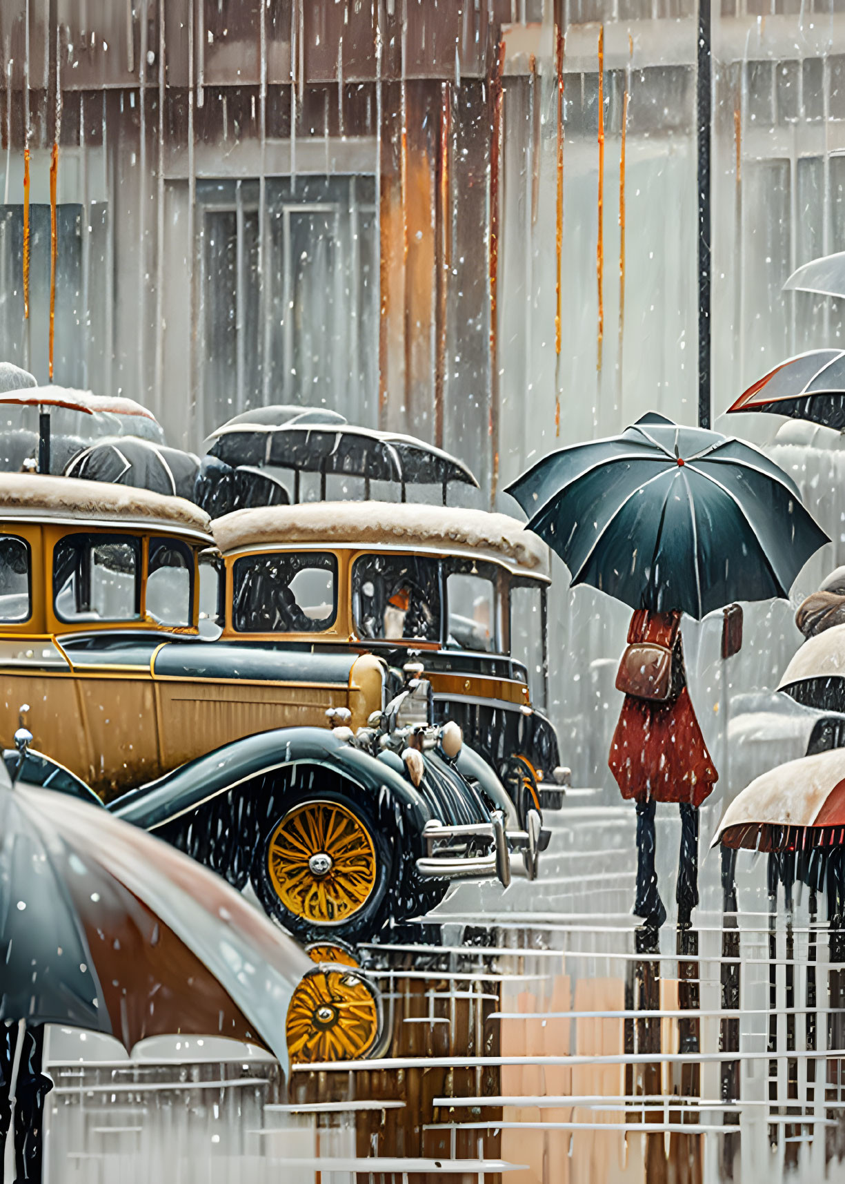 Person with Blue Umbrella in Rainy City Scene Among Classic Cars