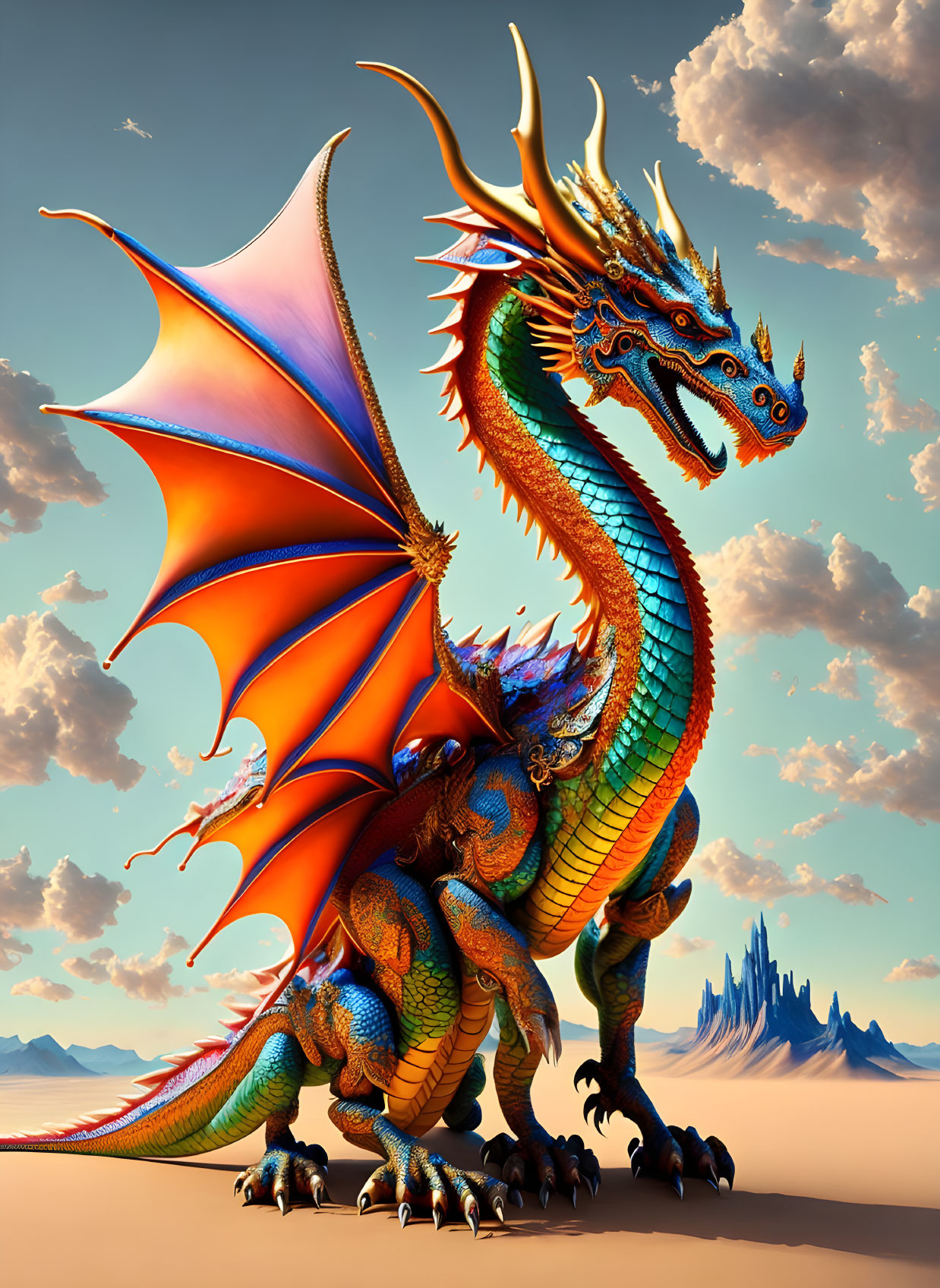 Colorful Majestic Dragon with Expansive Wings and Intricate Horns against Cloudy Sky and