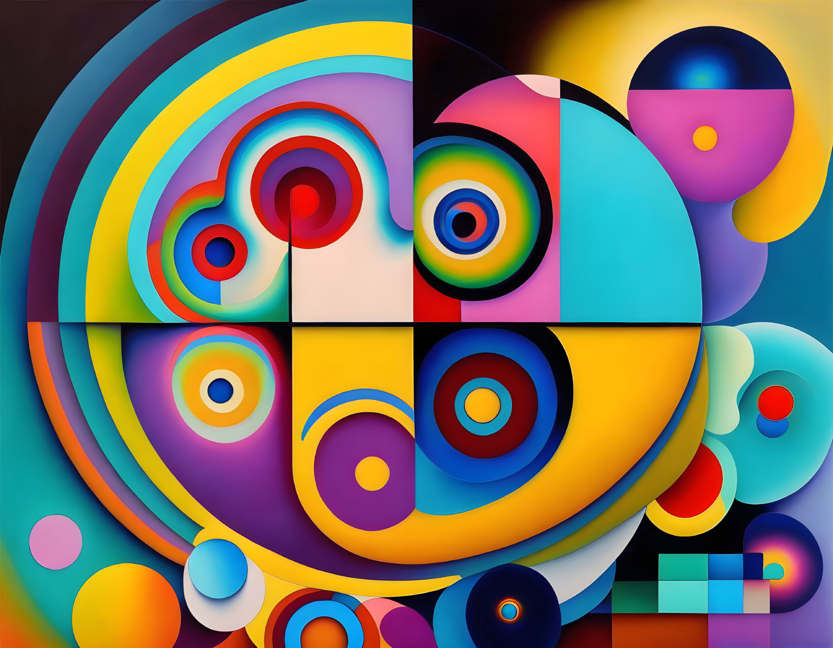 Colorful Abstract Geometric Painting with Overlapping Circles and Curves