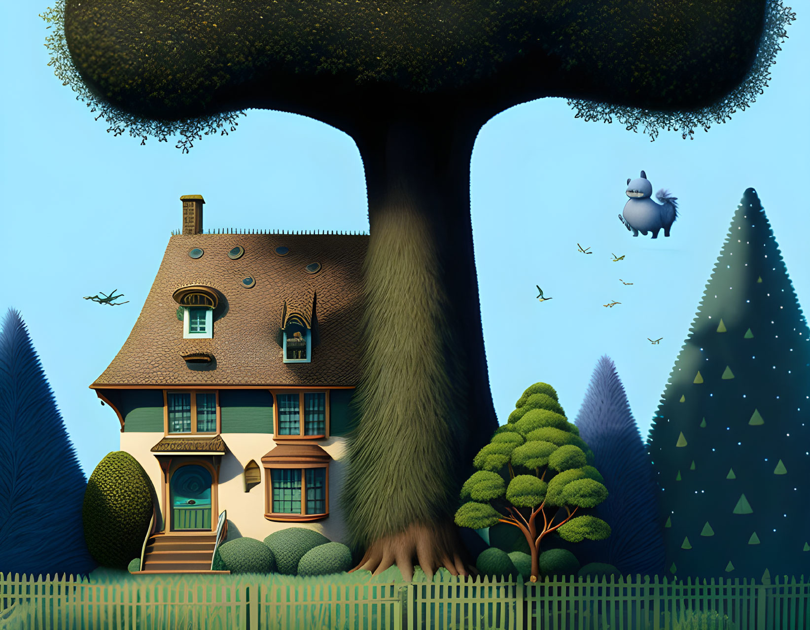 Illustration of large tree with house, greenery, floating creature, and birds