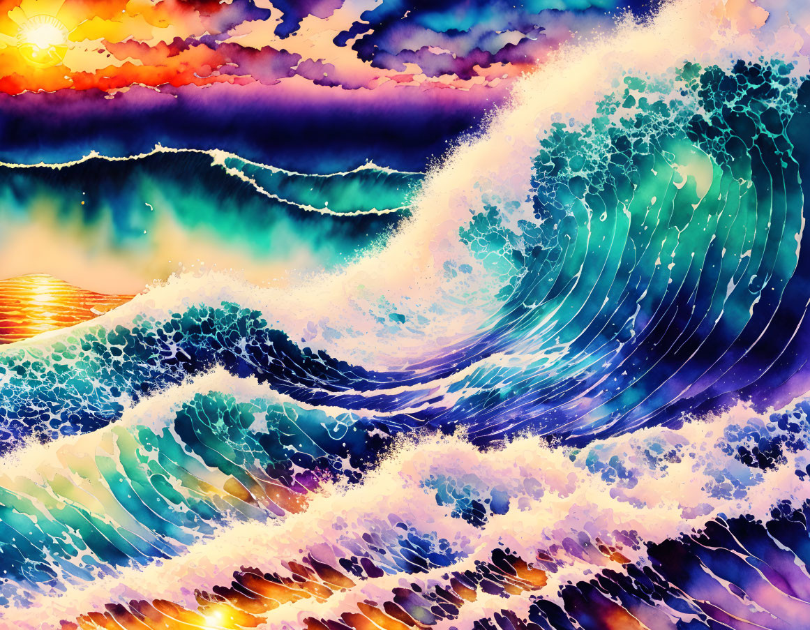 Vibrant ocean wave scene with sunset in colorful digital art