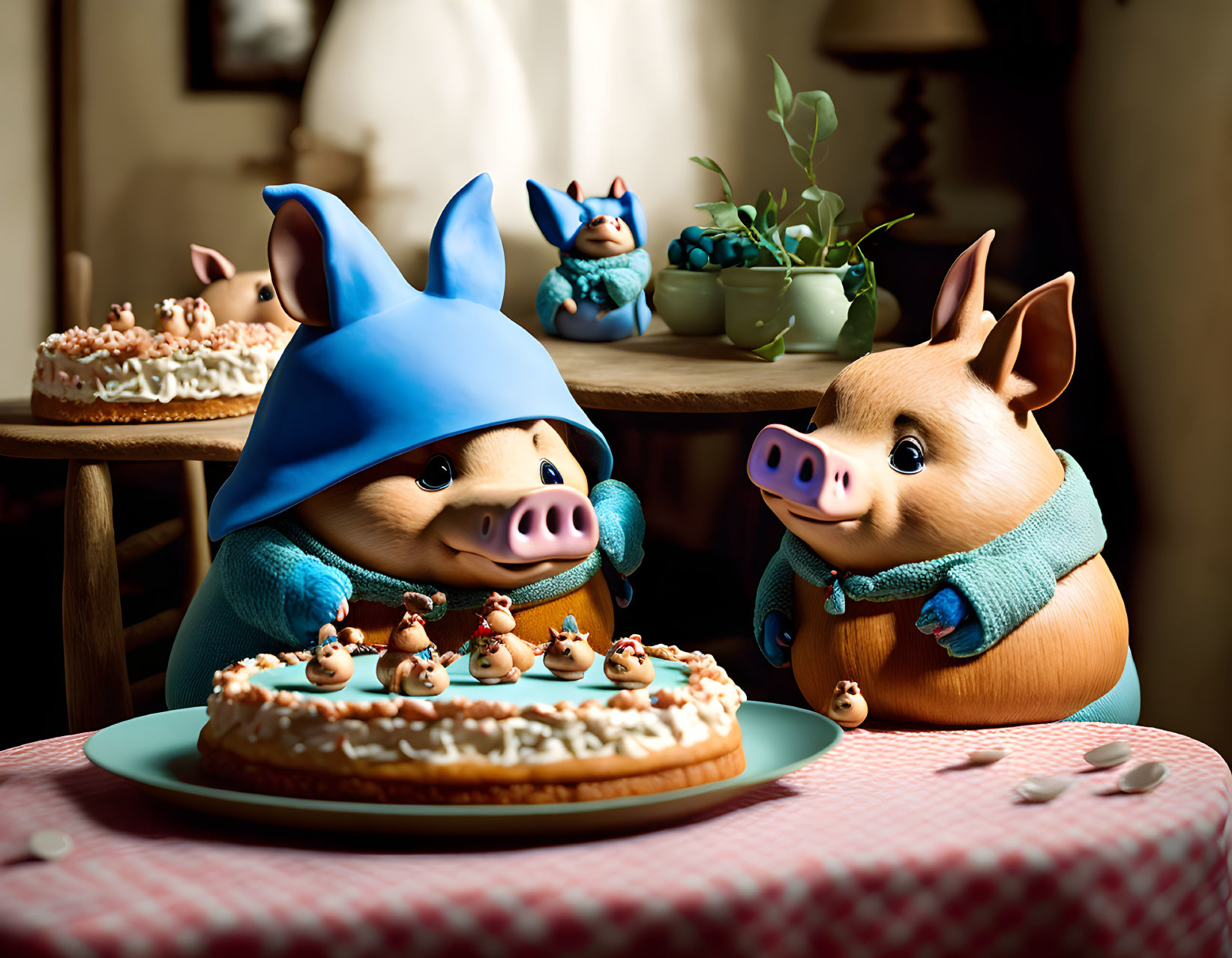 Two pigs in clothes with blue hoodie at table with cakes and rustic decor.