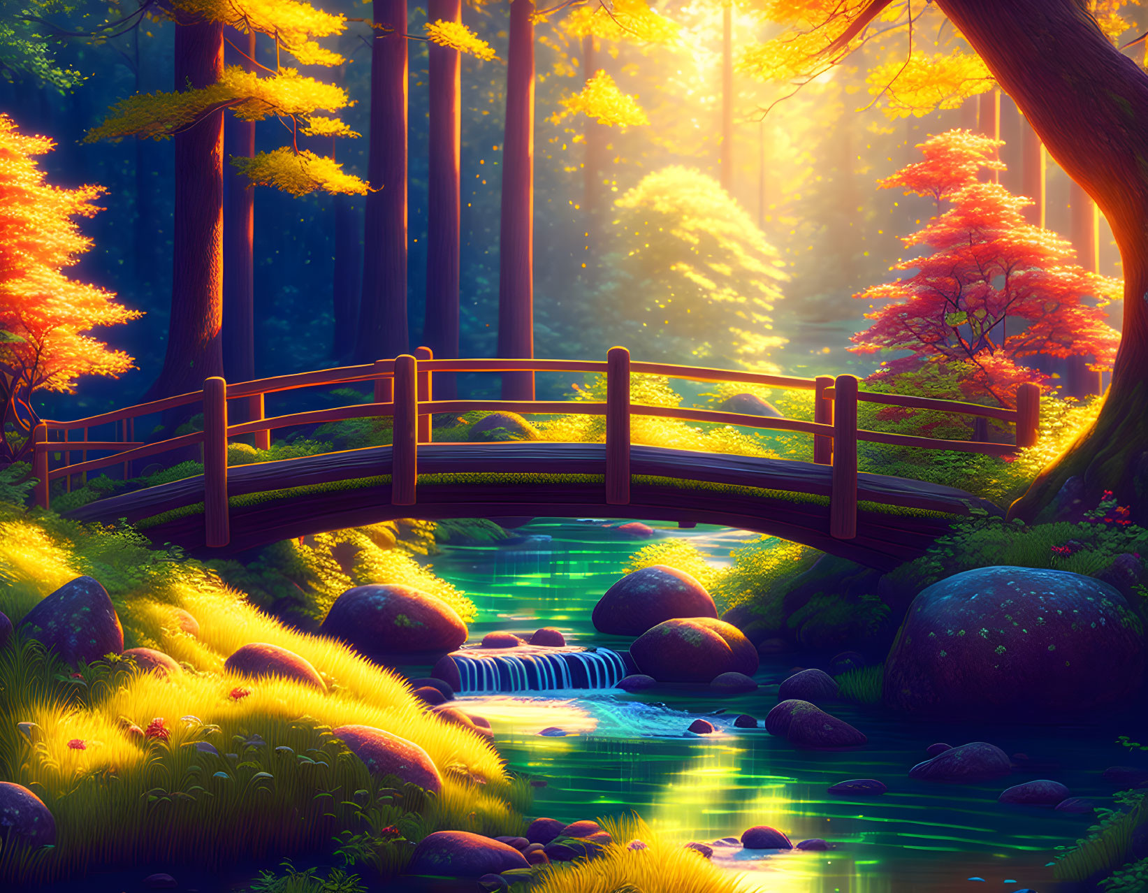 Tranquil woodland landscape with small bridge and colorful trees