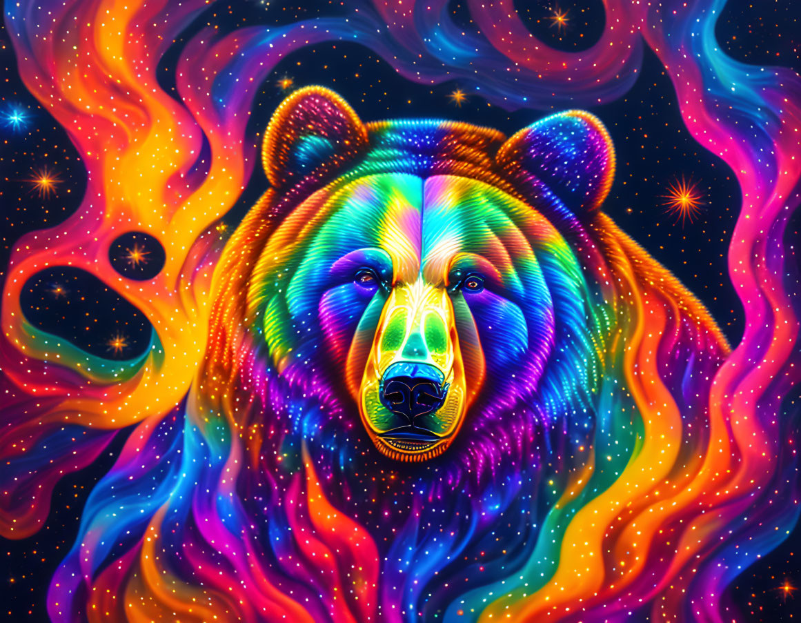 Colorful Psychedelic Bear Illustration in Galaxy Background