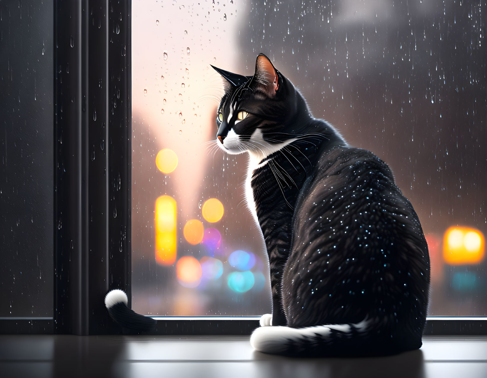 Black and white cat by rain-spattered window with city lights in background