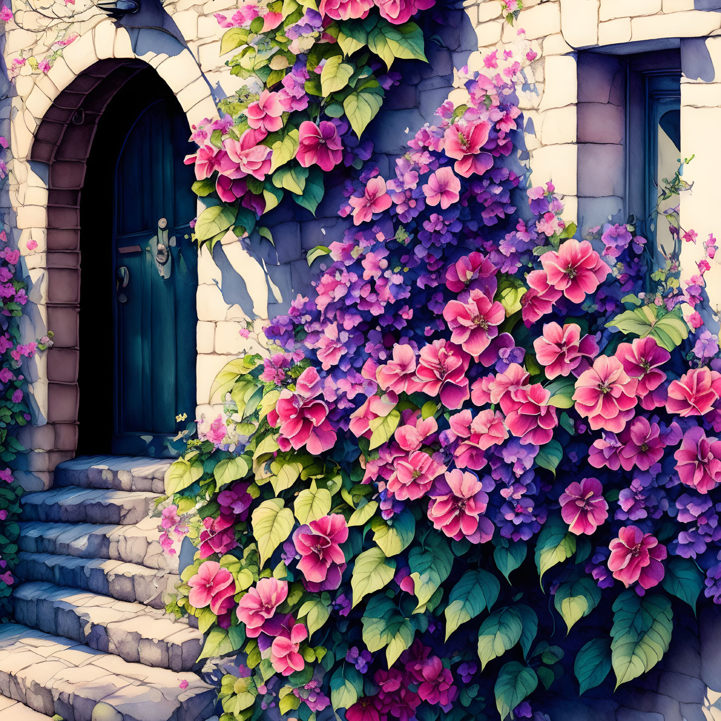 Stone house with wooden door and hydrangea blooms on walls.