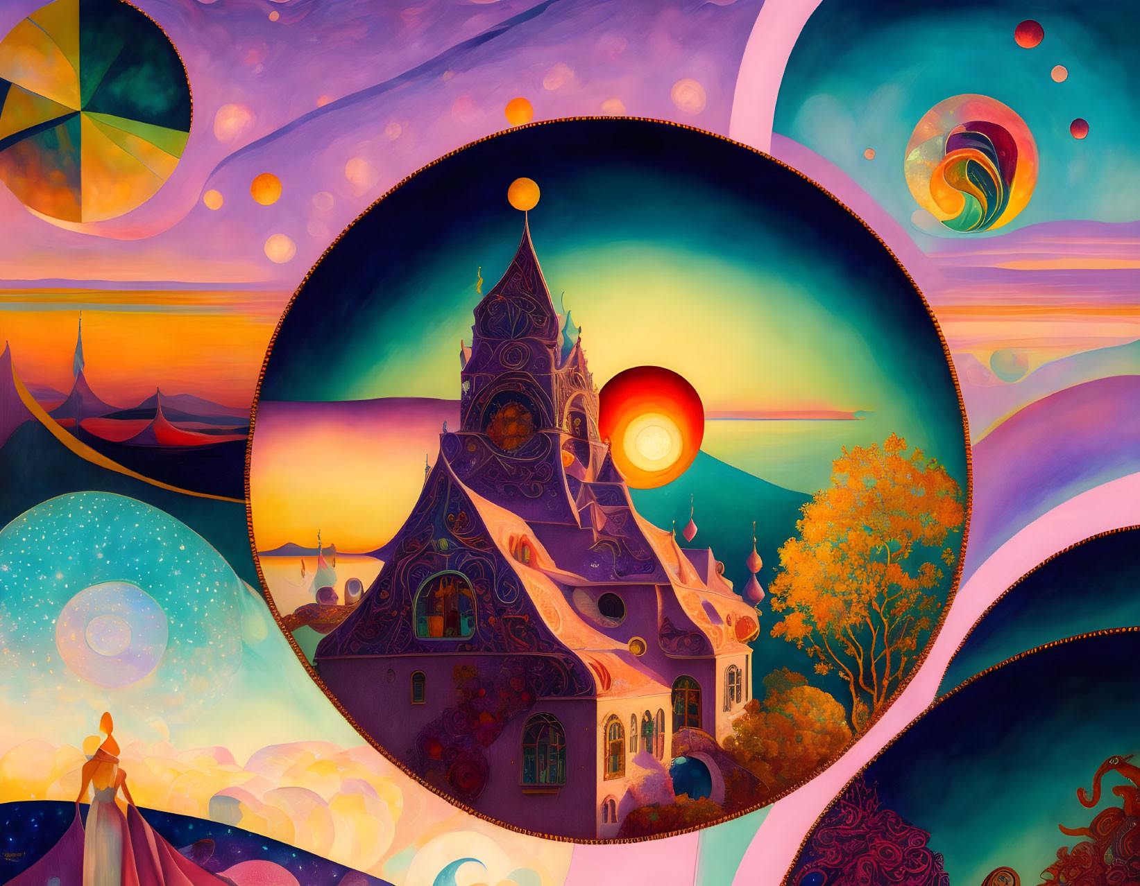 Colorful surreal landscape with whimsical castle and planetary bodies