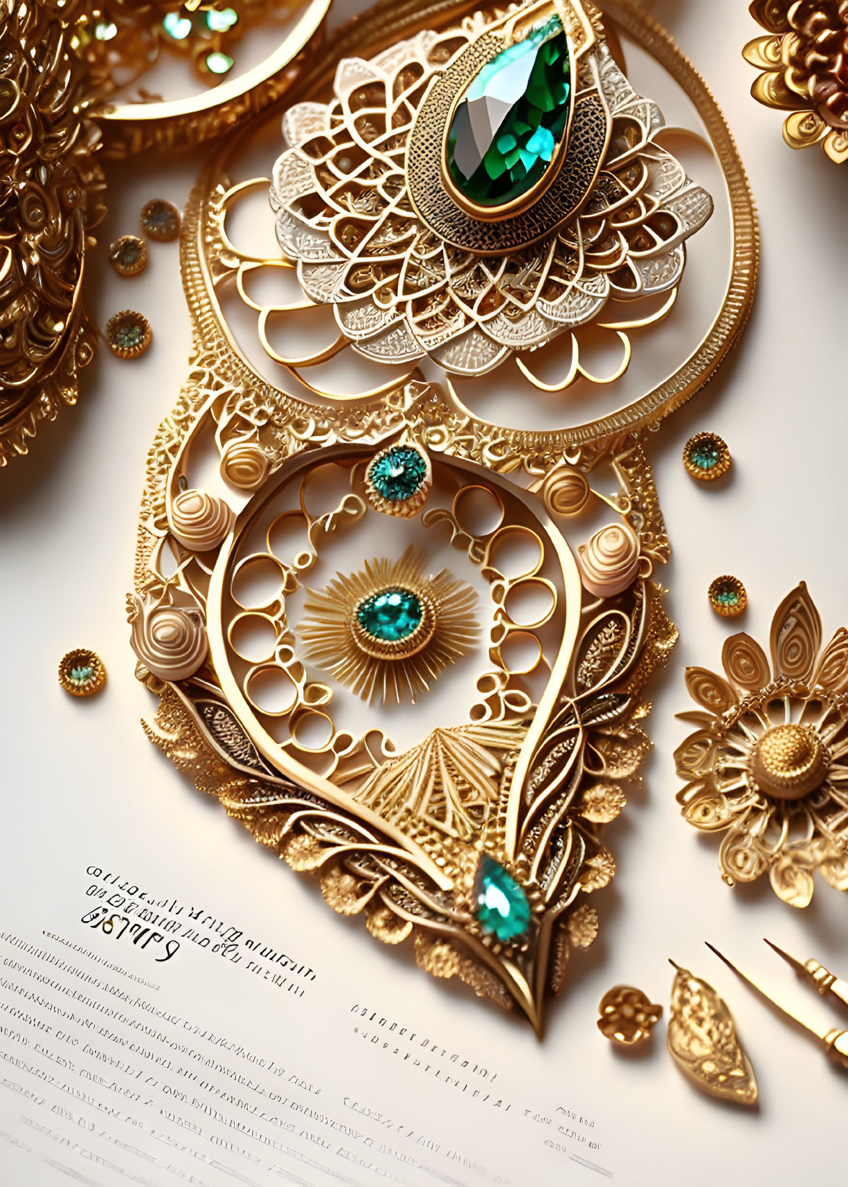 Golden jewelry with emerald accents on calligraphy paper.