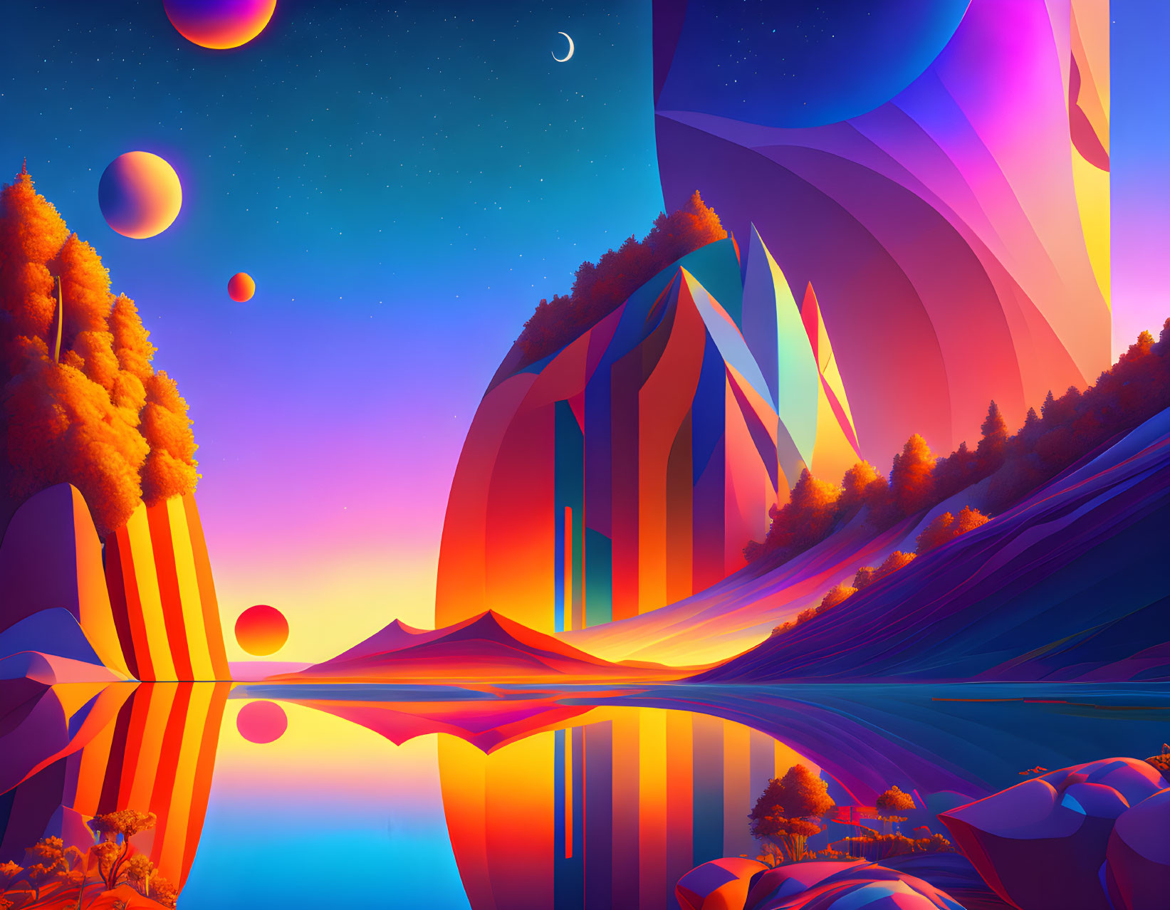 Neon-colored digital art: surreal mountains, reflective lake, celestial sky