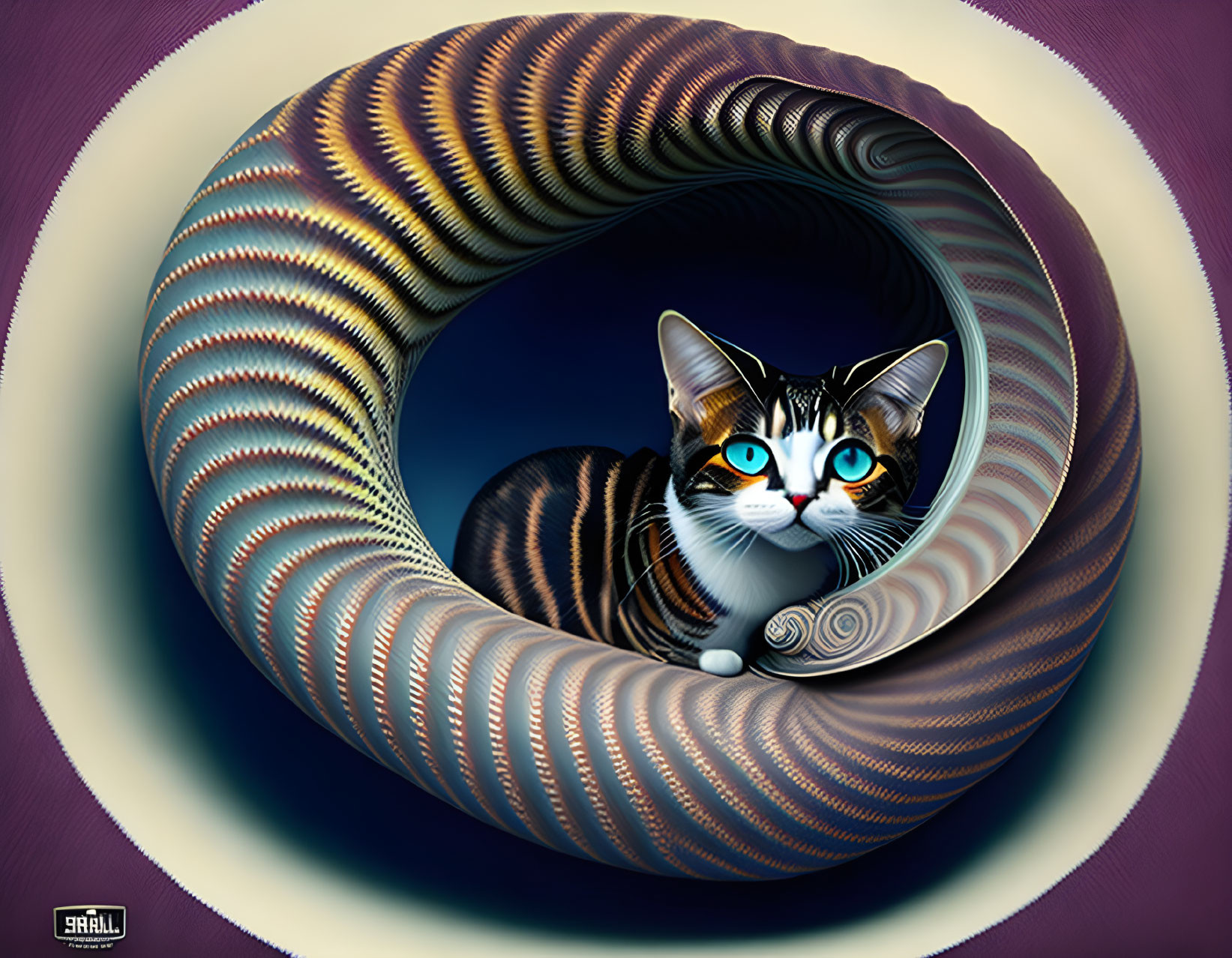 Surreal cat with blue eyes in colorful twisted structure