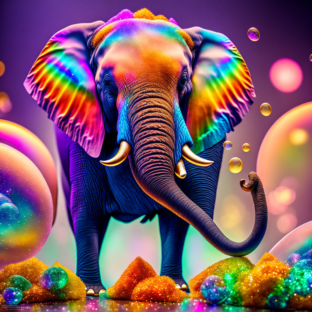 Colorful Elephant Illustration Among Bubbles and Sparkly Hills