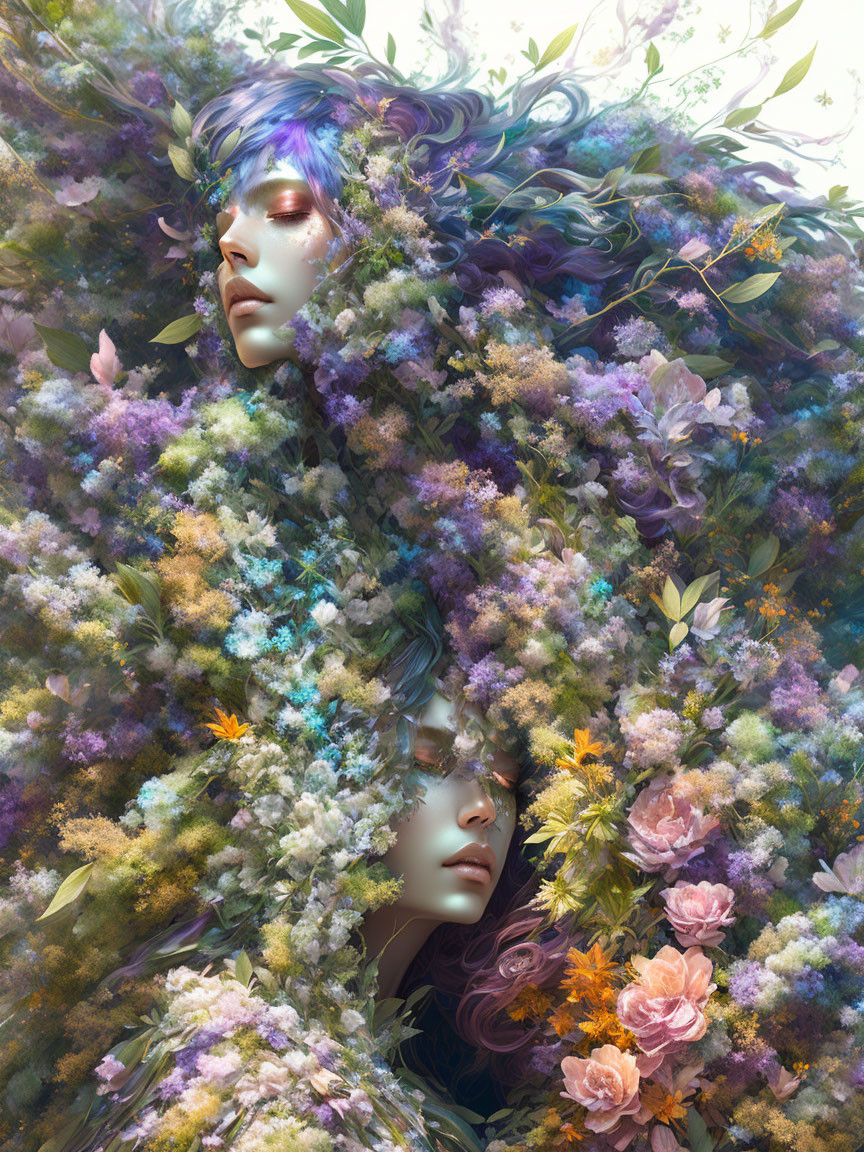 Ethereal faces in colorful floral cascade