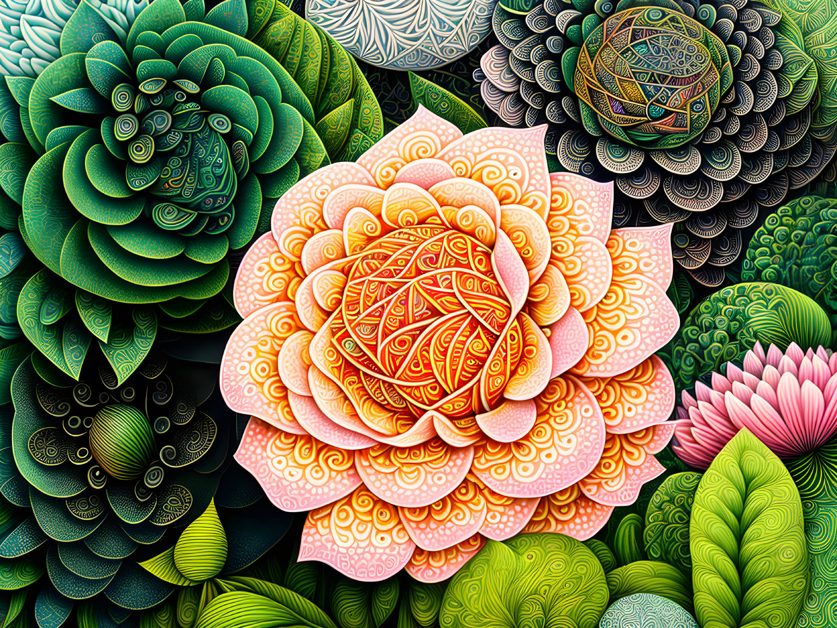 Intricate, Vibrant Digital Artwork of Patterned Flowers and Succulents