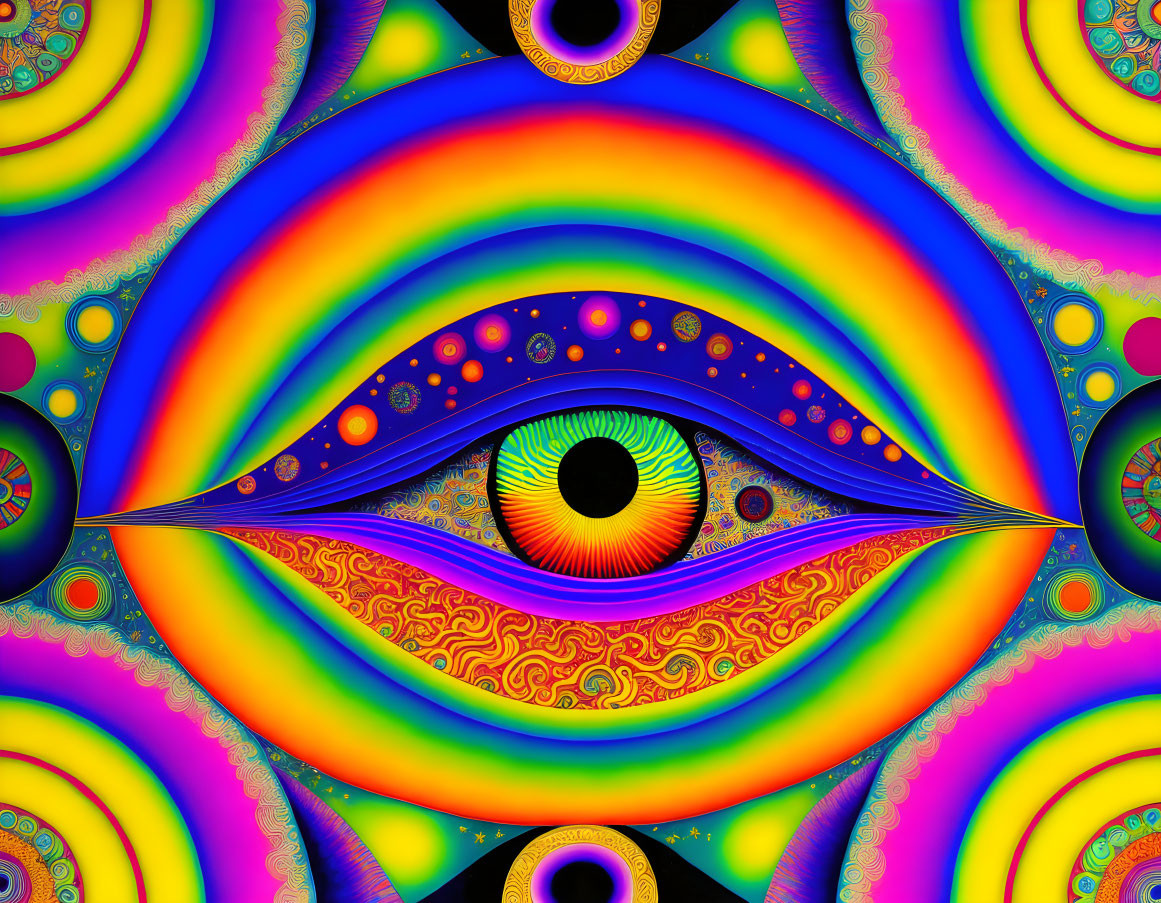 Colorful digital artwork: eye in psychedelic patterns & rainbow circles