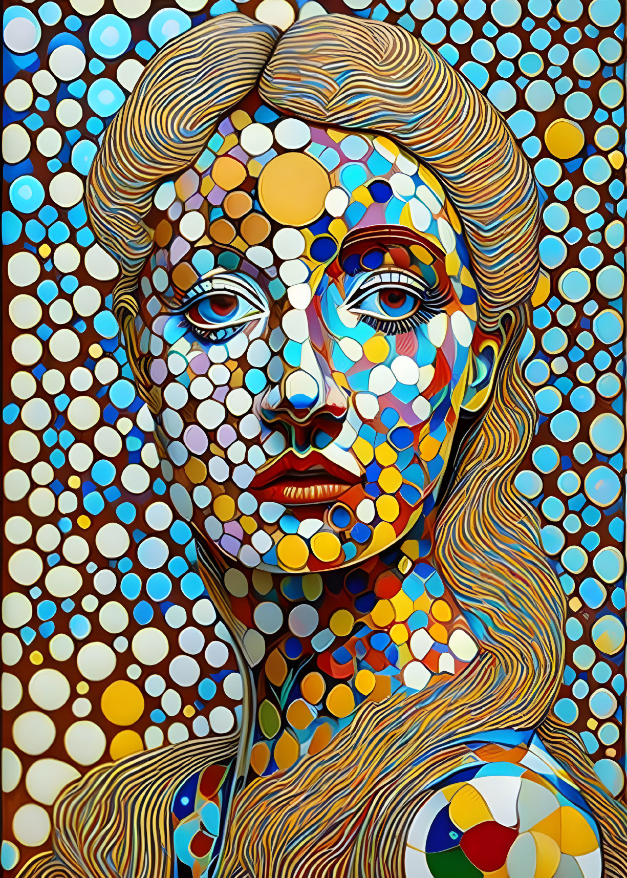 Colorful disc patterns create mosaic effect on woman's face and body