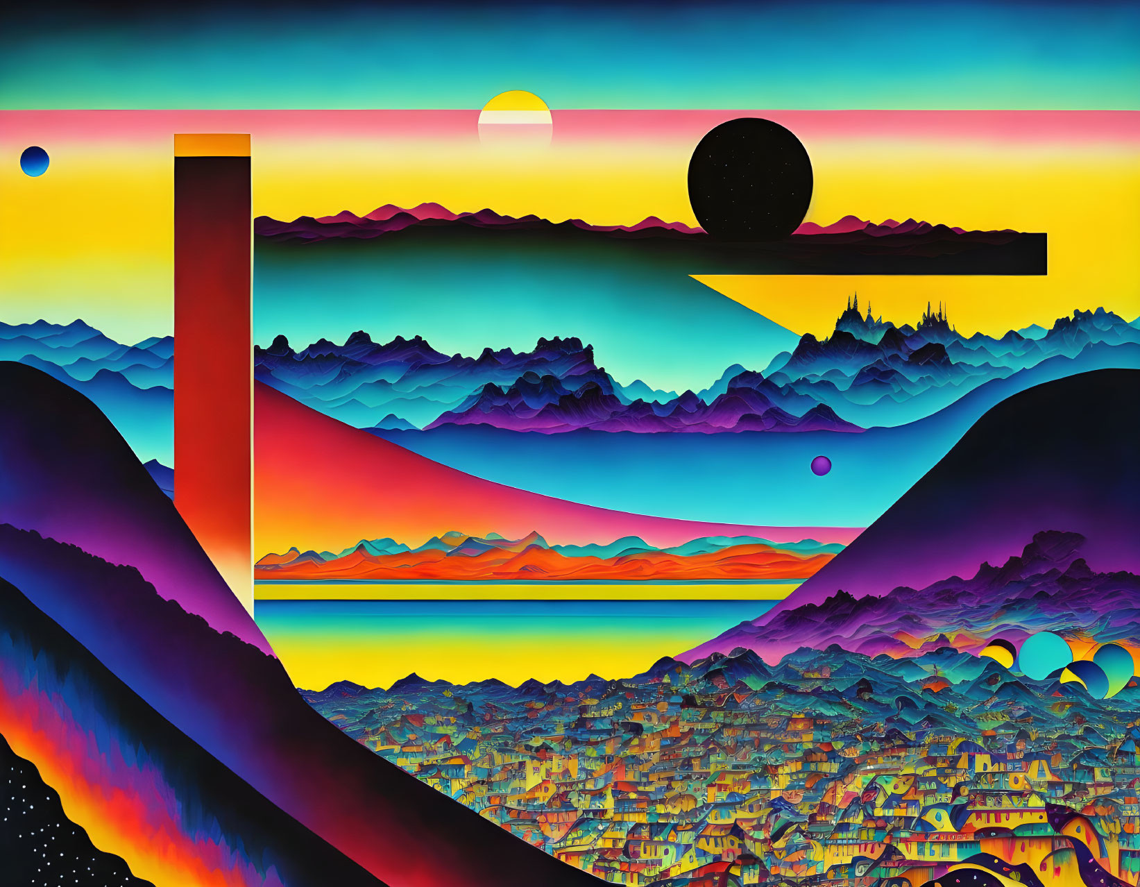 Colorful digital artwork: layered mountains, cityscape, celestial bodies, multicolored sky.