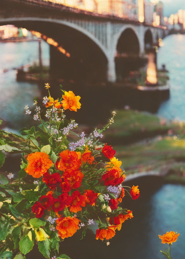 Colorful flowers and bridge over river with urban backdrop at sunset