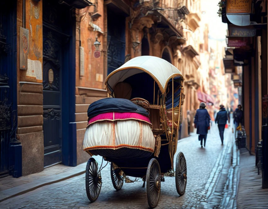 Vintage Carriage on Cobblestone Street with People and Old Buildings