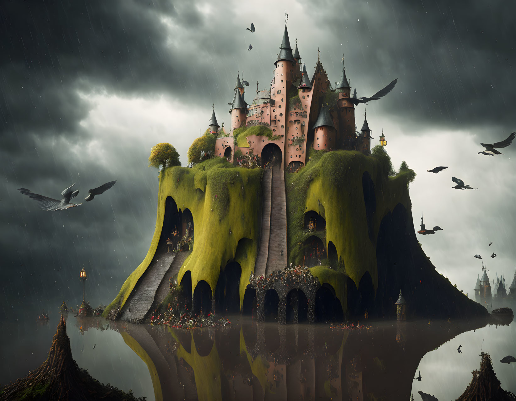 Majestic fantasy castle on lush hill with stormy sky and flying birds