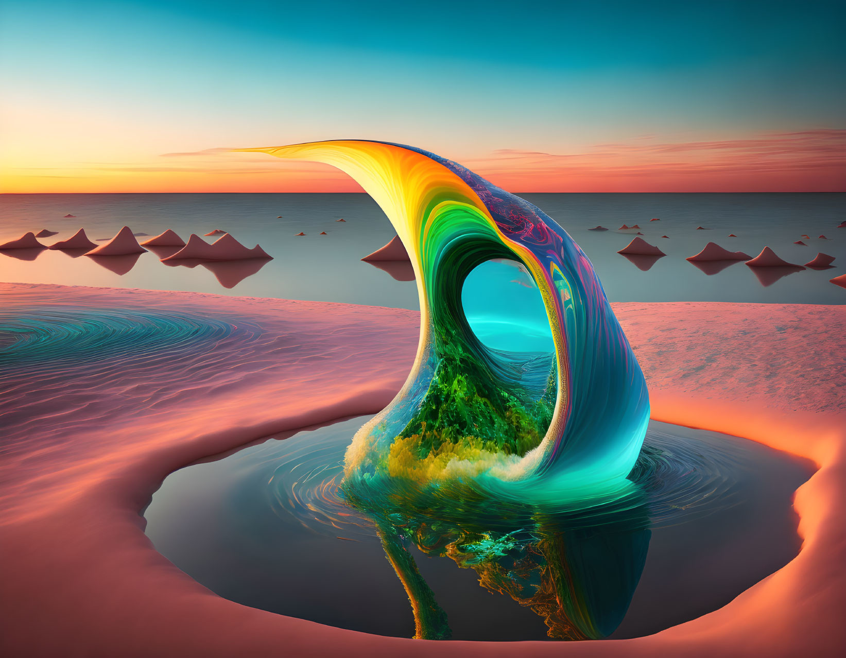 Colorful Wave Sculpture Reflecting Sunset Sky and Geometric Shapes