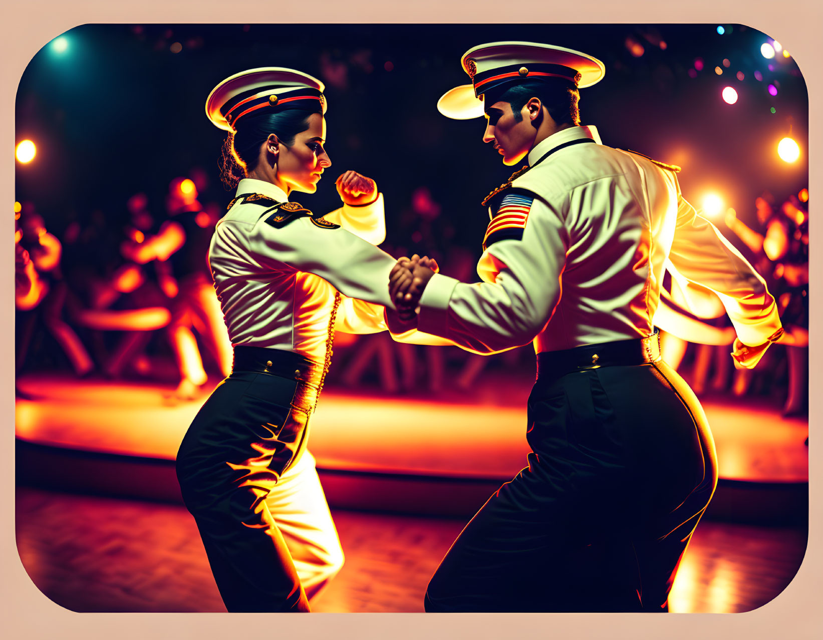 Naval uniforms dancers in stylized performance with colorful lights.