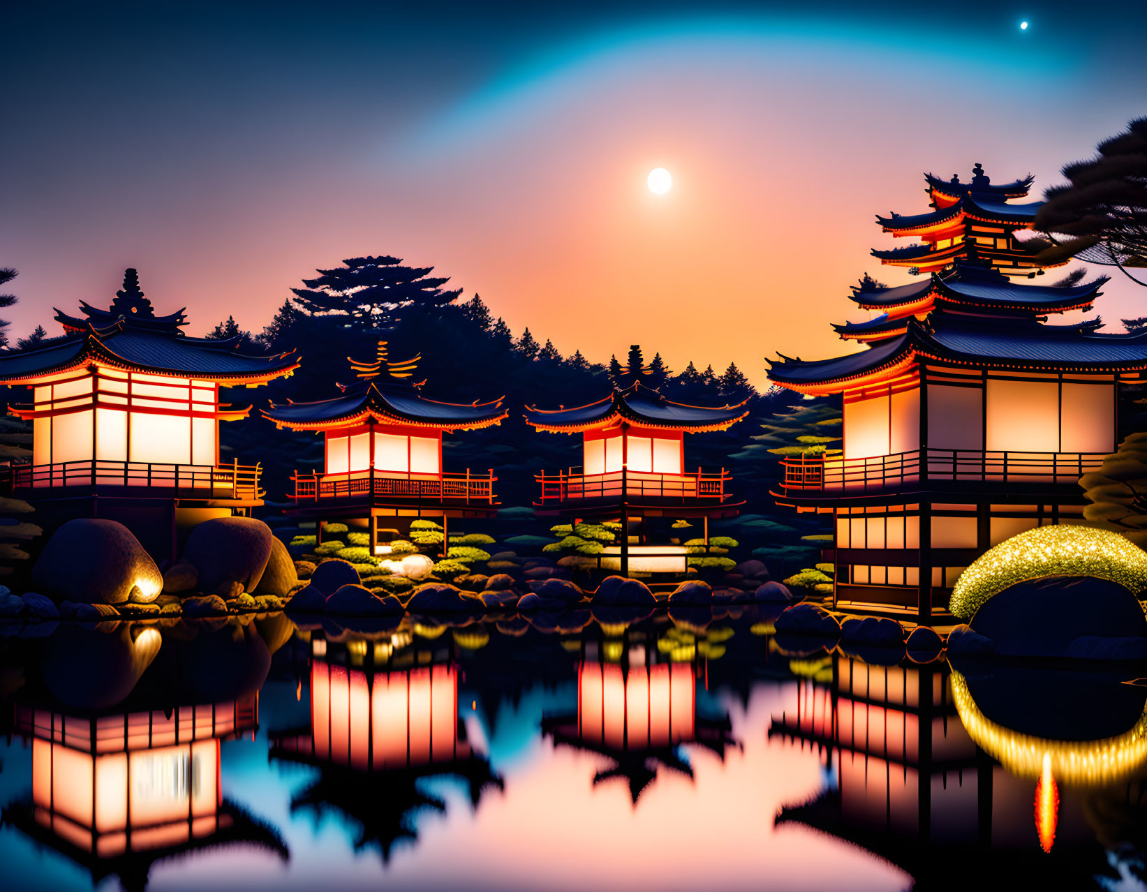 Traditional Japanese architecture with red lanterns, reflective pond, crescent moon.