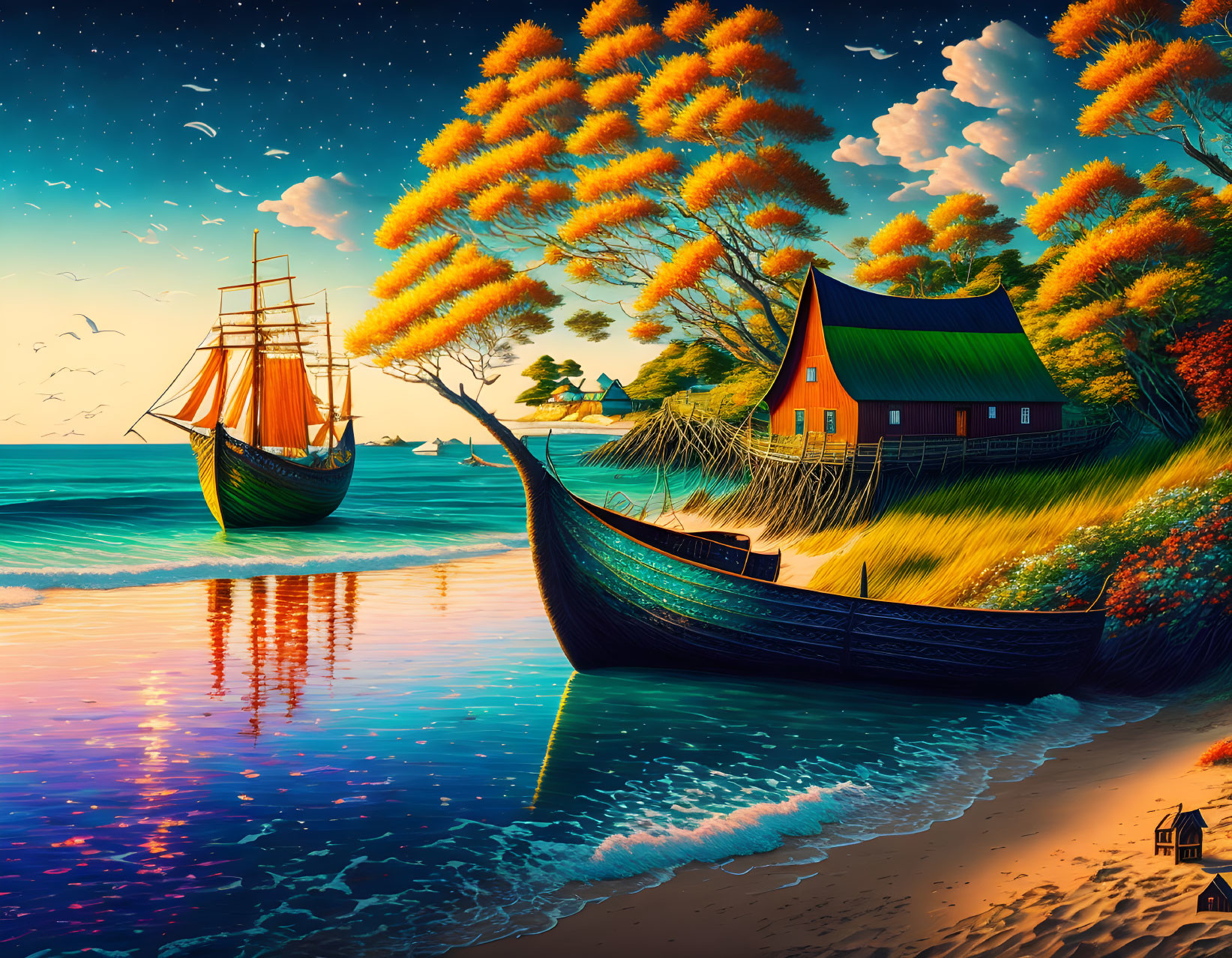 Colorful Autumn Seascape with Tall Ship, Rowboat, and Cozy House