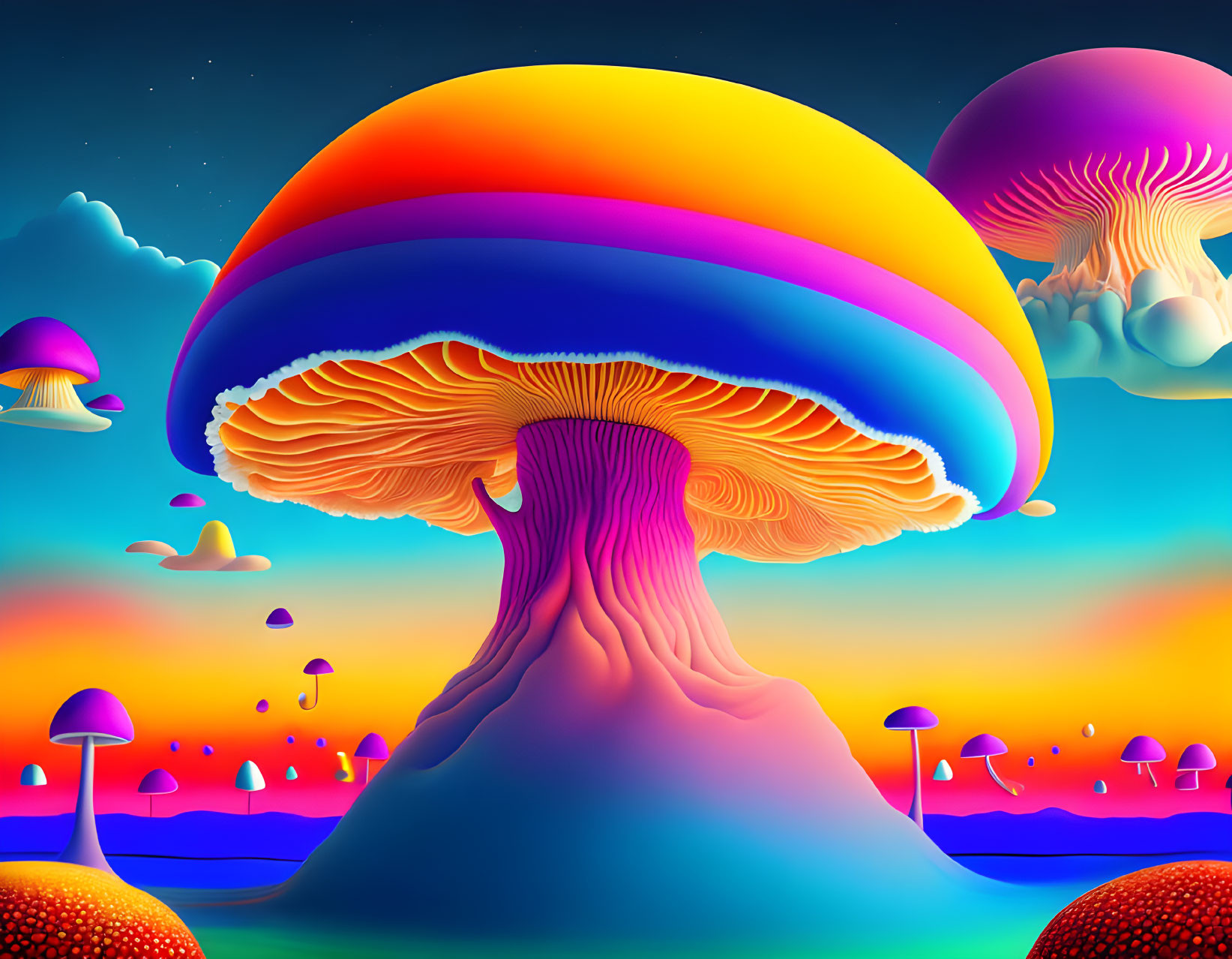 Colorful Psychedelic Mushroom Illustration with Gradient Sky