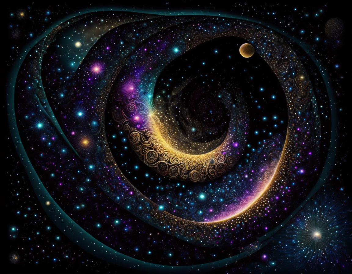 Vibrant Spiral Galaxy Artwork with Celestial Bodies