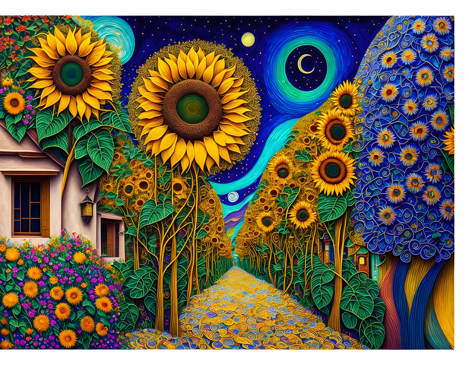 Colorful painting of sunflower field path under starry sky