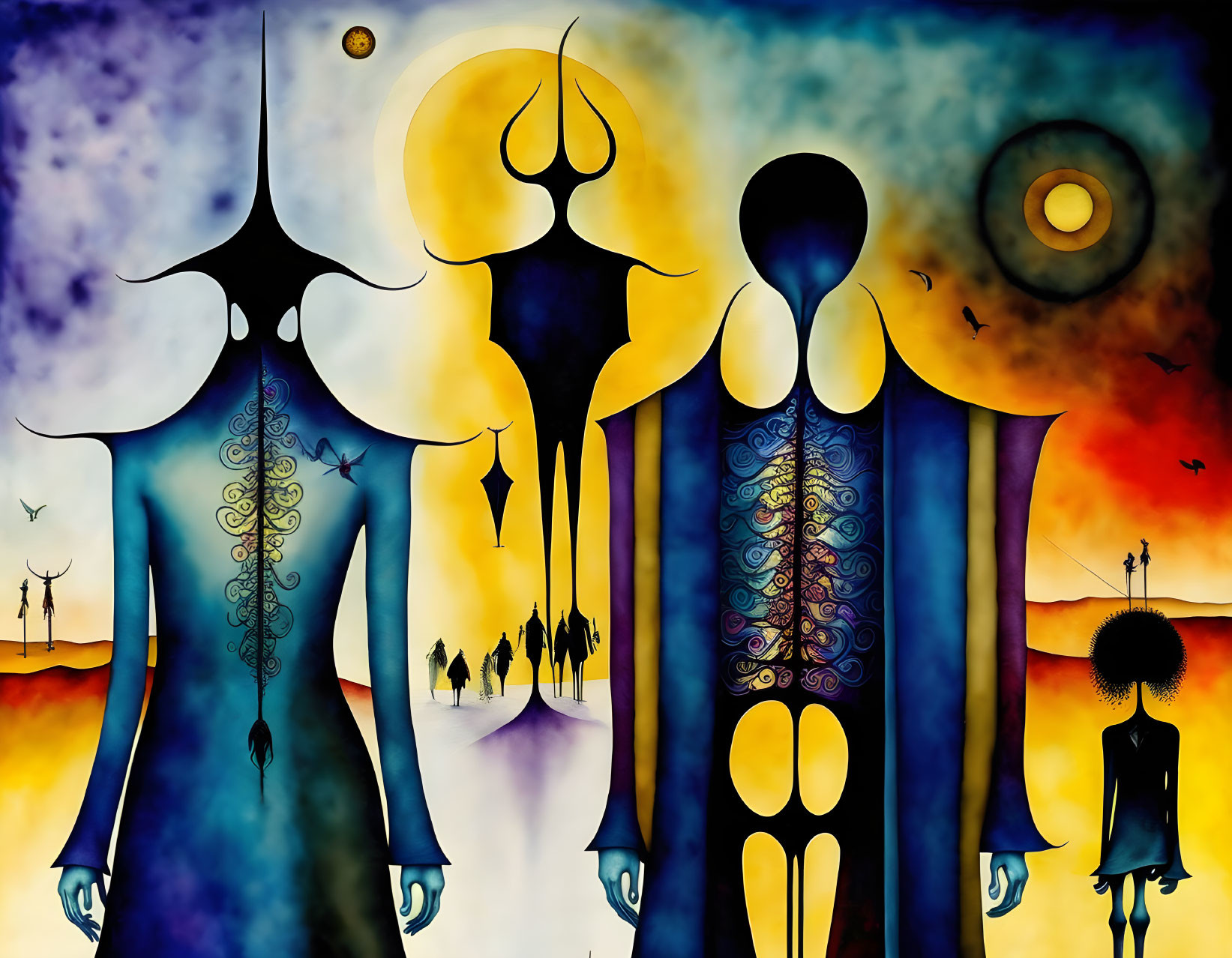 Vibrant surreal painting: Four elongated, faceless figures in ornate patterns on abstract landscape