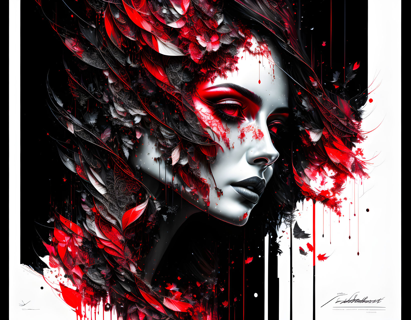 Digital artwork of woman with white skin and red & black feathers in paint effect