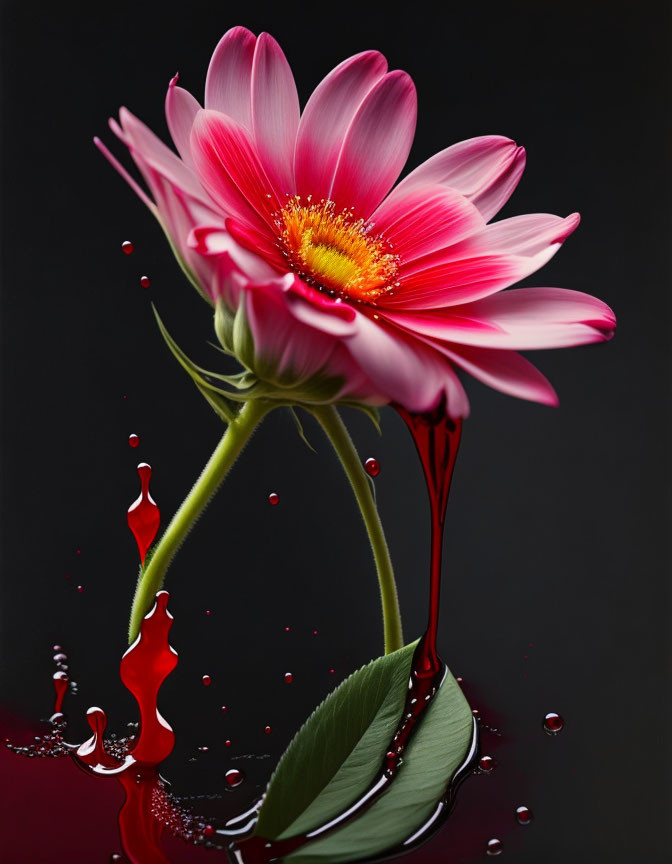 Pink flower with yellow center above red liquid splashes on dark background