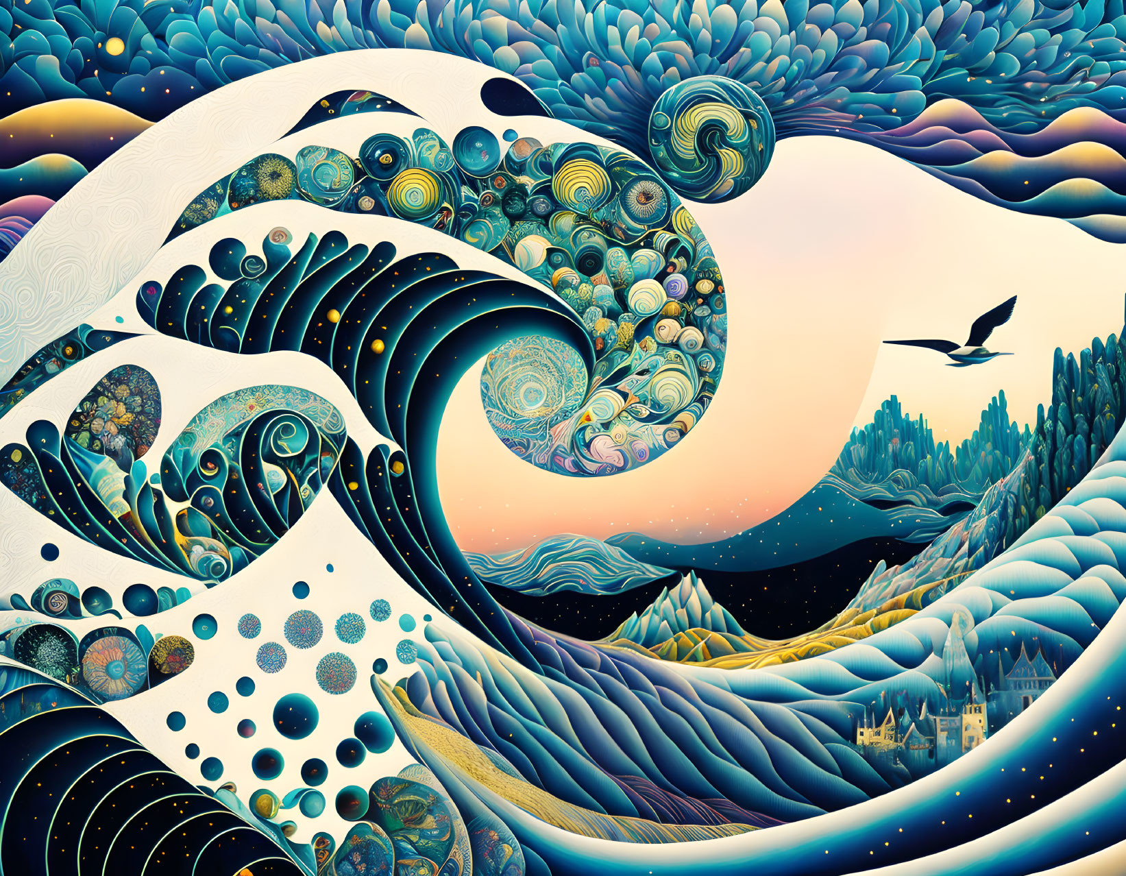 Colorful surreal artwork with swirling waves, bird, and whimsical landscape