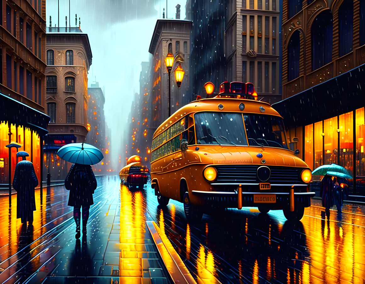 Rainy city street at dusk with school bus and pedestrians.