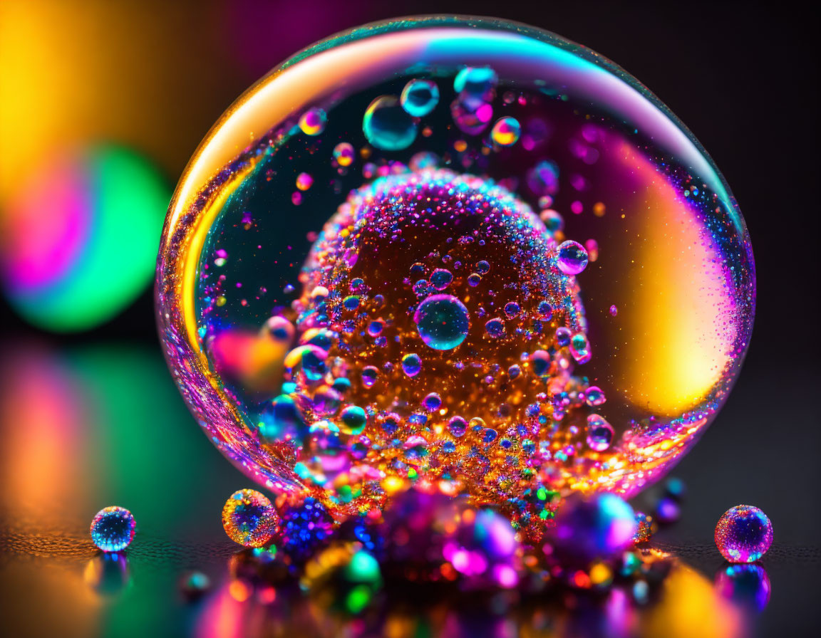 Crystal Ball and Spheres Reflecting Colorful Lights on Mirrored Surface