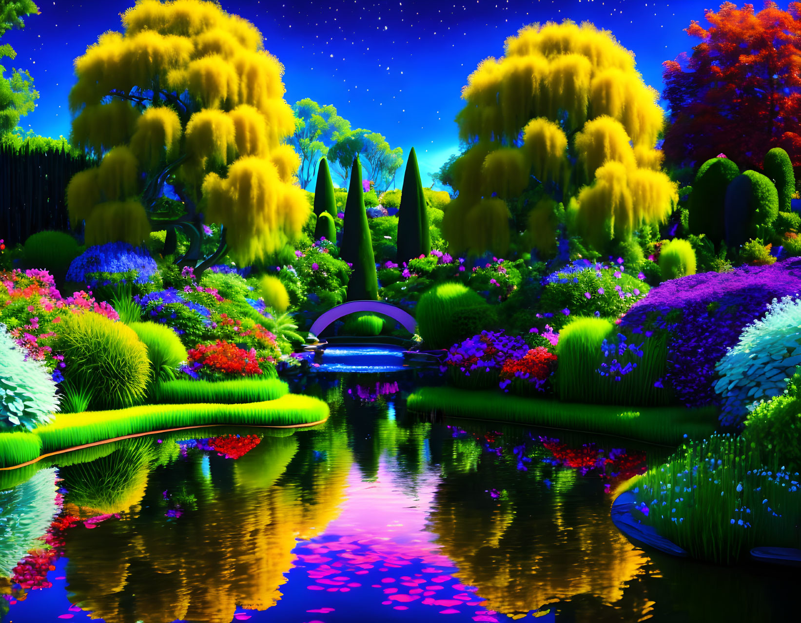 Luminous night garden with vibrant flowers, lush trees, tranquil pond, and starry sky