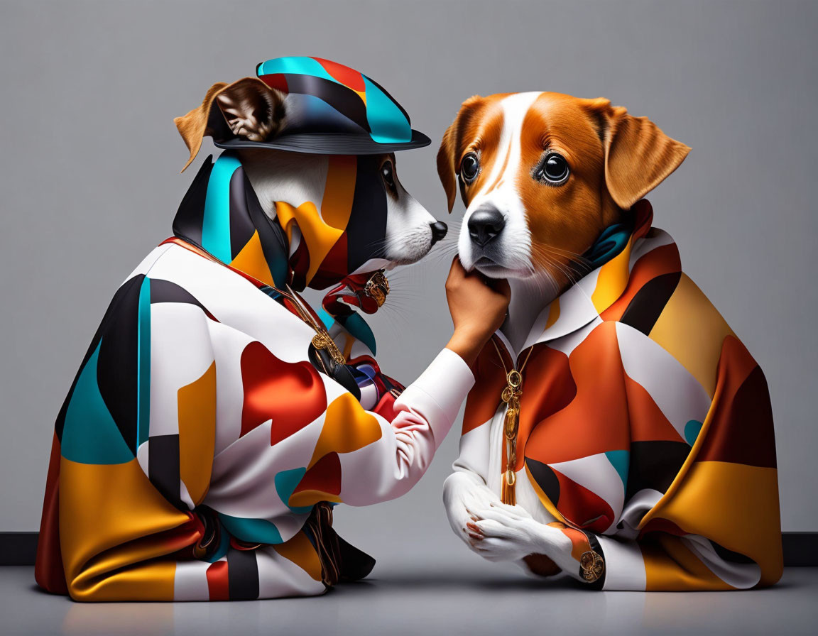 Two dogs wearing colorful outfits and hats in a playful pose on grey background.