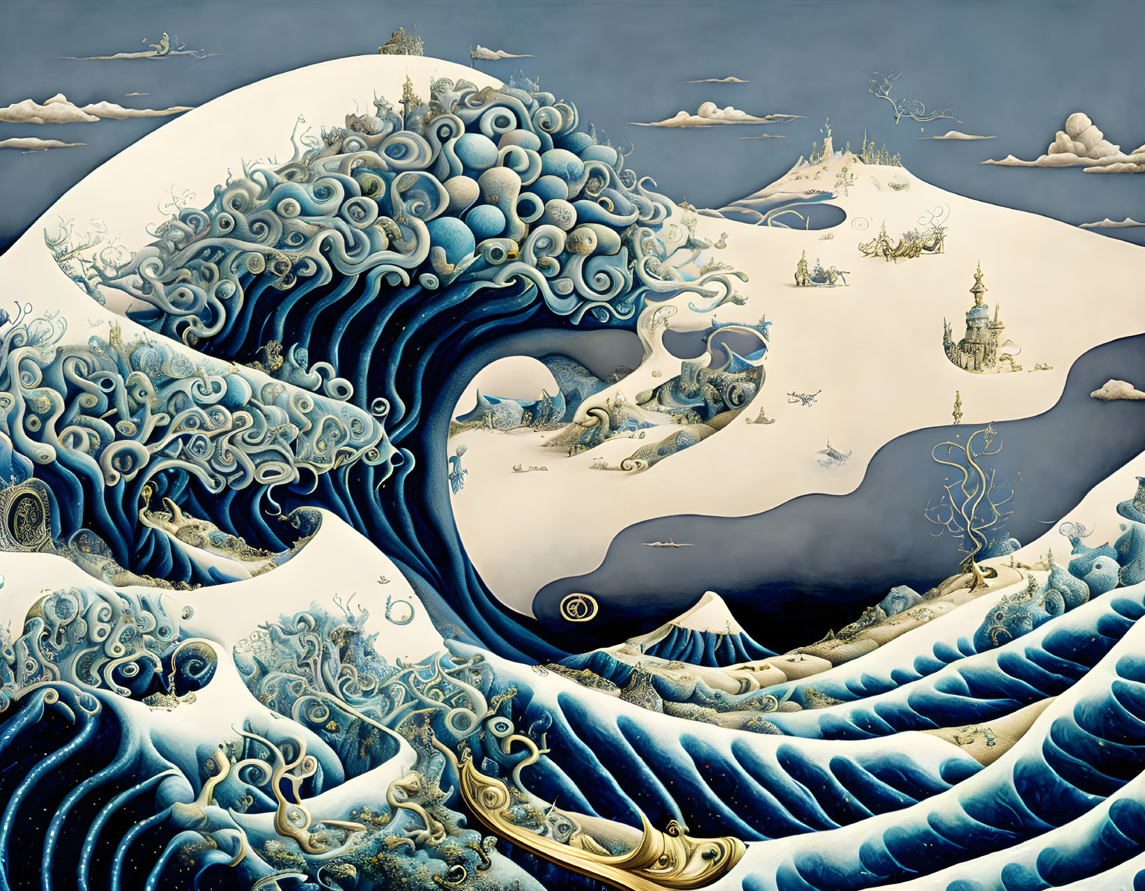 Surreal Artwork: Great Wave Style in Snowy Landscape