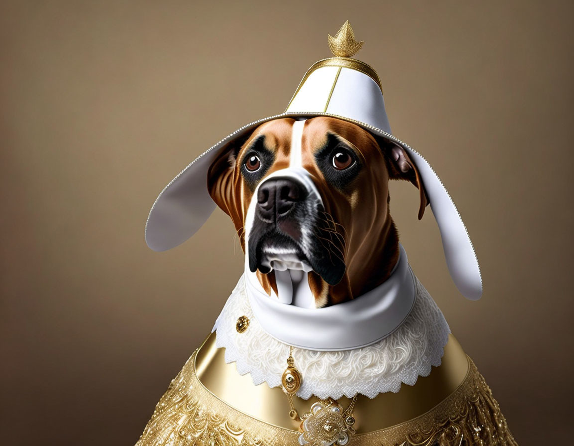 Digitally Altered Image: Dog in Human-Like Body with Golden Costume