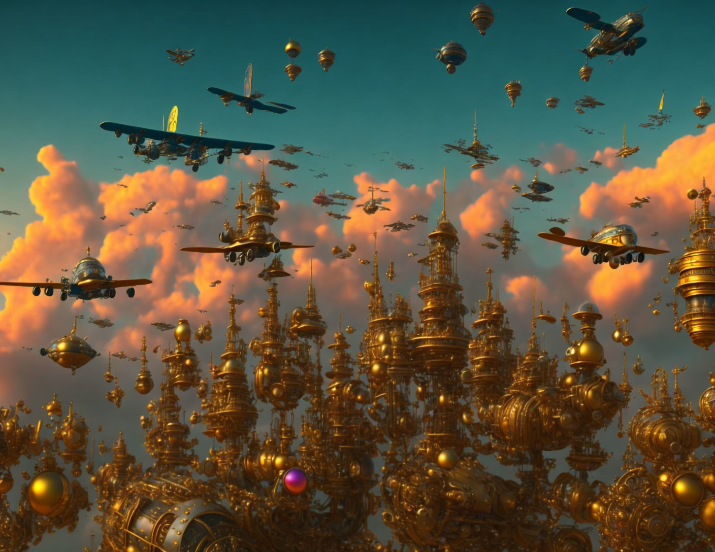 Golden steampunk structures and airships in fantastical scene