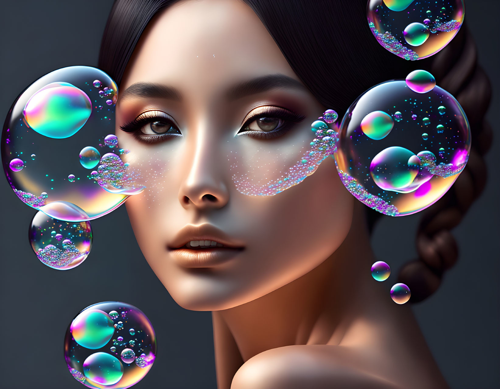 Digital art portrait of serene woman with iridescent bubbles on grey background