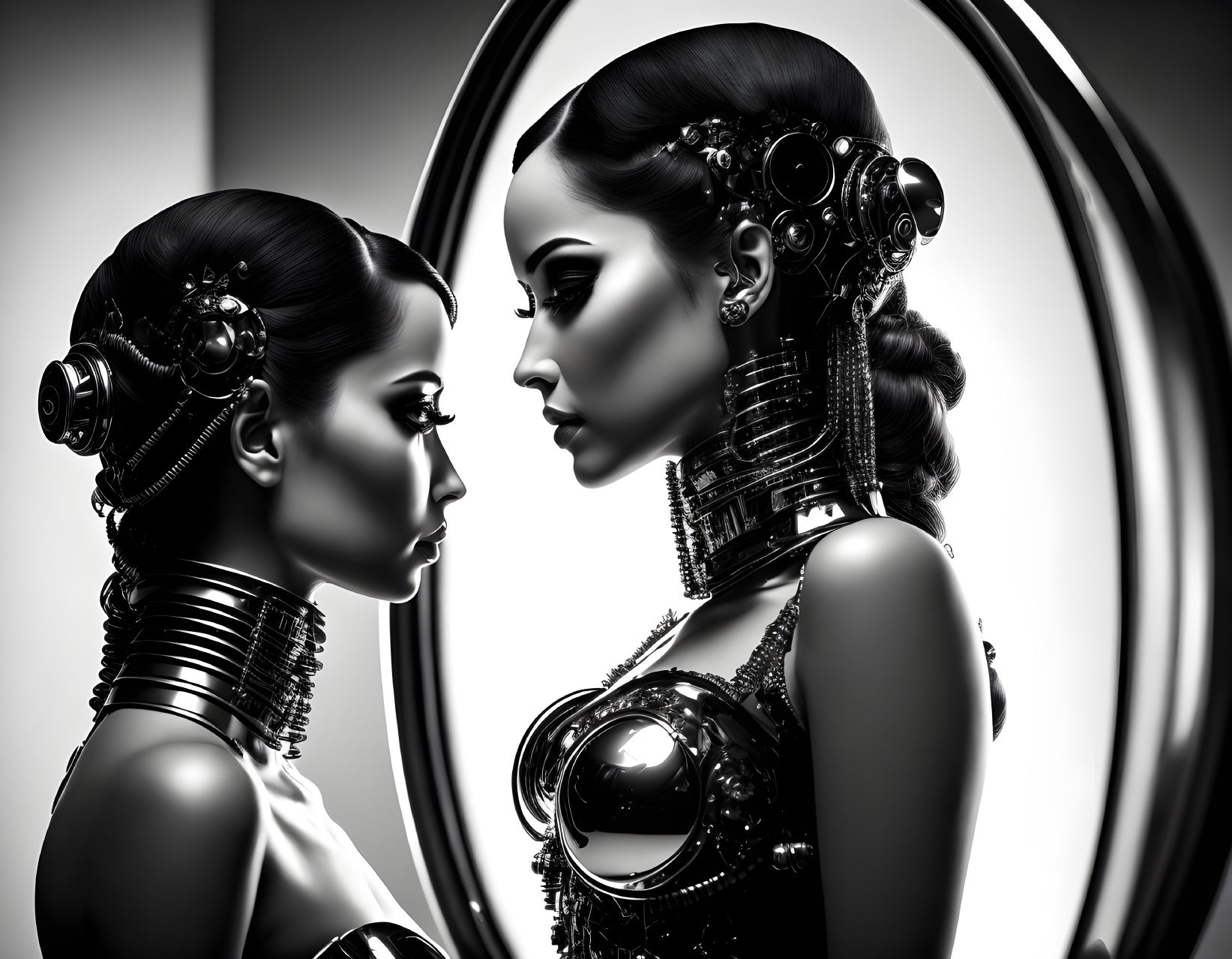 Futuristic cyberpunk hairstyles on two women in monochrome