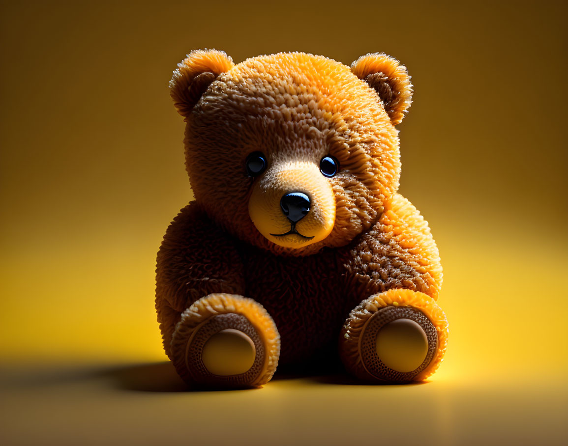 Smiling plush teddy bear on warm yellow background