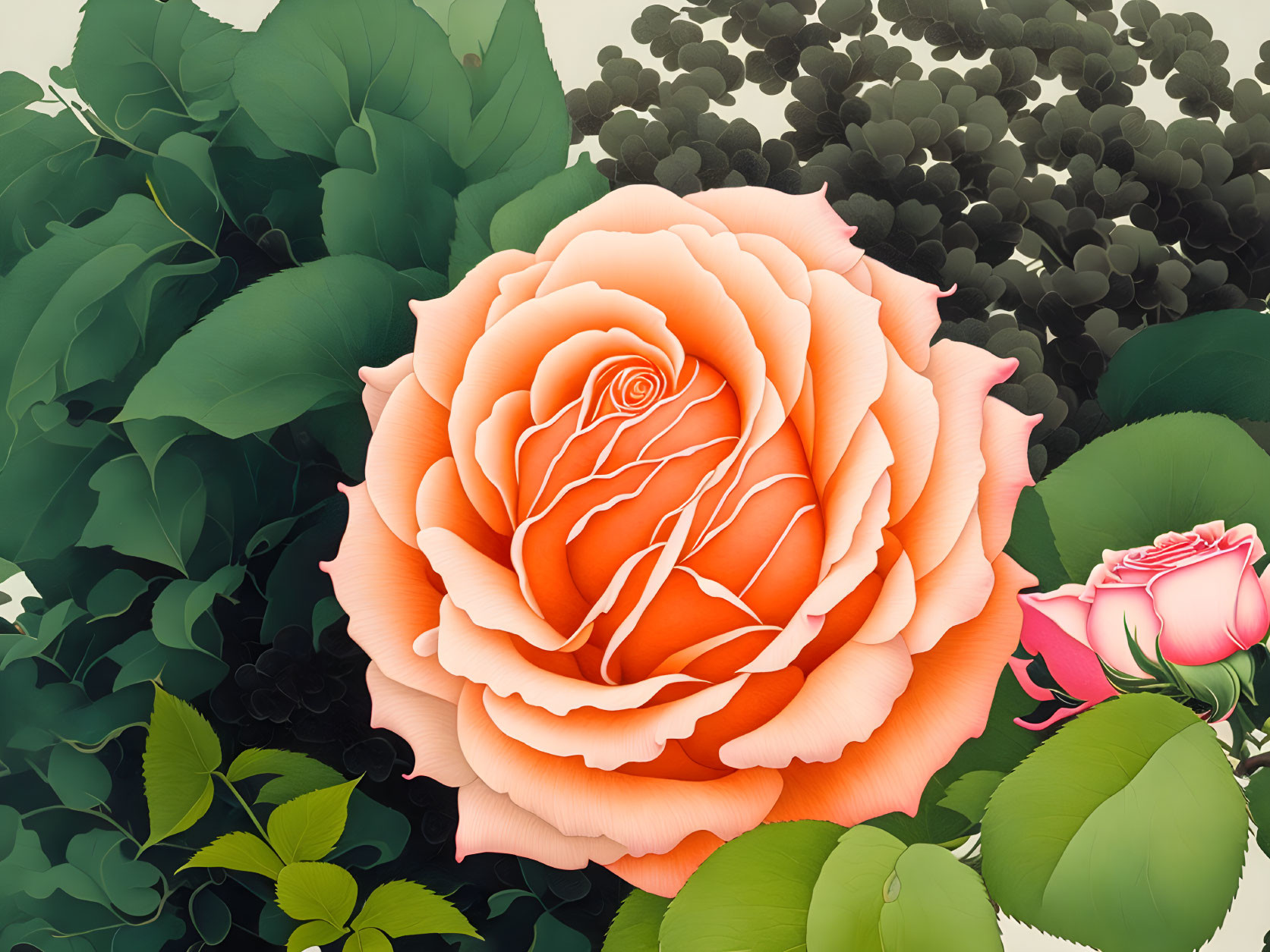 Detailed digital artwork: Large orange rose in full bloom with green leaves and smaller flowers on gradient background