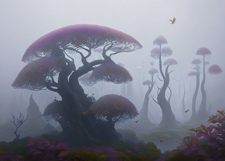 Enchanted forest with oversized mushrooms and purple foliage